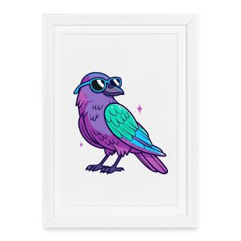 Oiseau violet lunettes bleues néon - Affiche encadrée (27 × 37 cm) - blanc - Devant