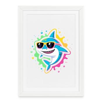Requin néon lunettes pop - Affiche encadrée (27 × 37 cm) - blanc - Devant