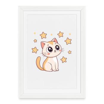 Chat étoilé kawaii - Affiche encadrée (27 × 37 cm) - blanc - Devant