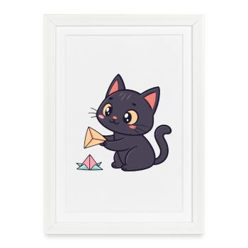 Chat Origami Kawaii et Papier - Affiche encadrée (27 × 37 cm) - blanc - Devant