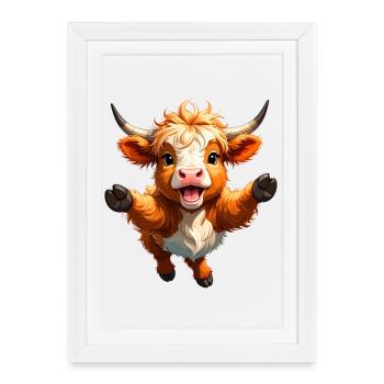 Highland cow in leap – Dynamic animal design - Framed poster (27 × 37 cm) - white - Front