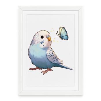 Perruche perruche avec papillon - Affiche encadrée (27 × 37 cm) - blanc - Devant
