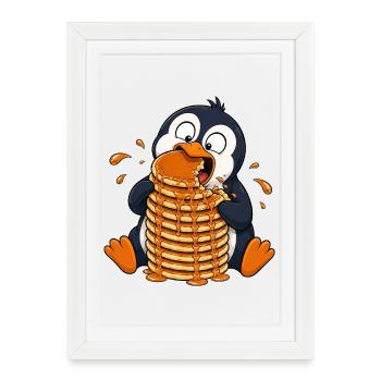 Penguin with Pancakes Funny Cartoon - Framed poster (27 × 37 cm) - white - Front