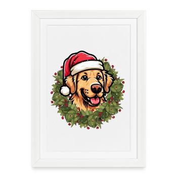 Chien Golden Retriever Noël - Affiche encadrée (27 × 37 cm) - blanc - Devant