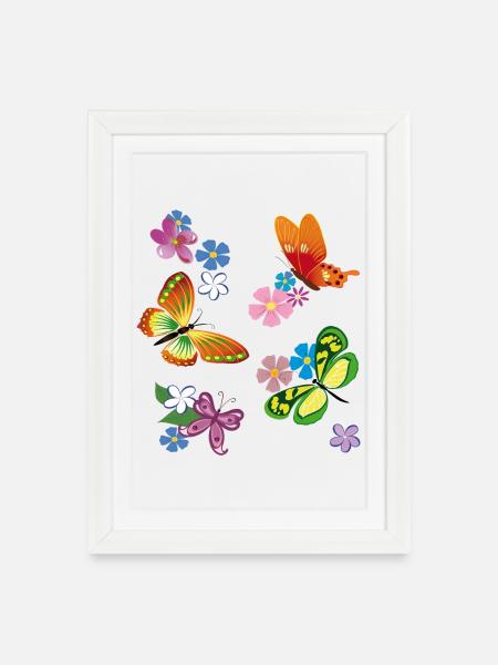 Blüten, Flowers, Schmetterling - Gerahmtes Poster (27 × 37 cm) - Weiß