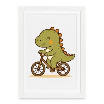 Dino Rides Bicycle - Motif de dessin animé mignon - Affiche encadrée (27 × 37 cm) - blanc - Devant