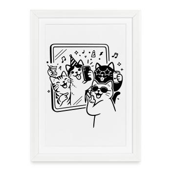 Selfie de fête avec des chats devant le miroir - Affiche encadrée (27 × 37 cm) - blanc - Devant
