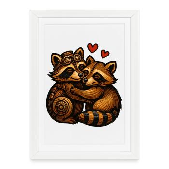 Robber's Hearts: Raccoon duo in gear look - Framed poster (27 × 37 cm) - white - Front