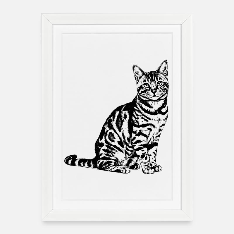 Exotic Bengal Cat - Sleek Leopard Line Art - Framed poster (27 × 37 cm) - white