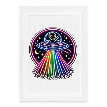 UFO Néon Alien Arc-en-ciel Alien Space - Affiche encadrée (27 × 37 cm) - blanc - Devant