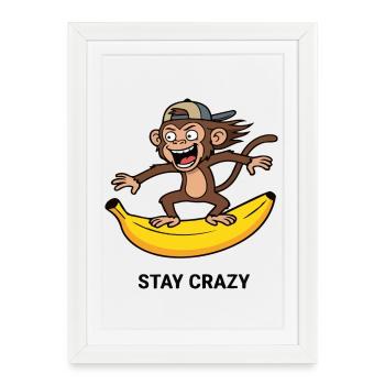 Reste fou, singe drôle surfant Art banane - Affiche encadrée (27 × 37 cm) - blanc - Devant