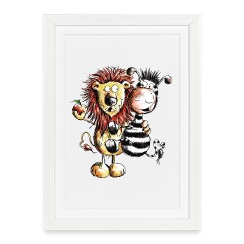 Löwe und Zebra - Löwen - Zebras - Comic - Geschenk - Gerahmtes Poster (27 × 37 cm) - Weiß - Vorne