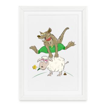 loup saute par-dessus le mouton - loup avec mouton - Affiche encadrée (27 × 37 cm) - blanc - Devant