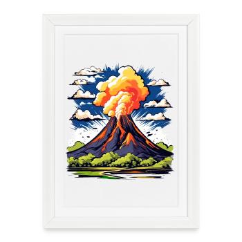 Volcan actif avec nuage de cendres et coulées de lave - Affiche encadrée (27 × 37 cm) - blanc - Devant