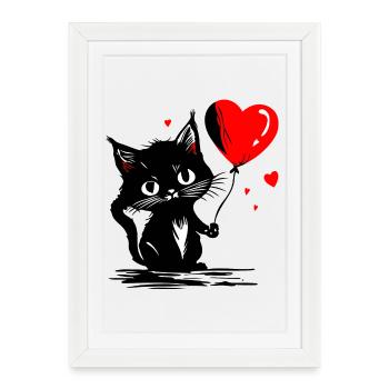 Ballon Cœur de Chat Rouge Fête des Mères Street Art - Affiche encadrée (27 × 37 cm) - blanc - Devant