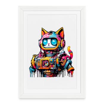 Cat designed as a robot in comic graffiti style - Framed poster (27 × 37 cm) - white - Front
