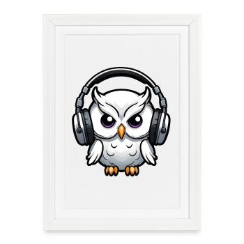 weiße Eule mit Kopfhörern - Gerahmtes Poster (27 × 37 cm) - Weiß - Vorne