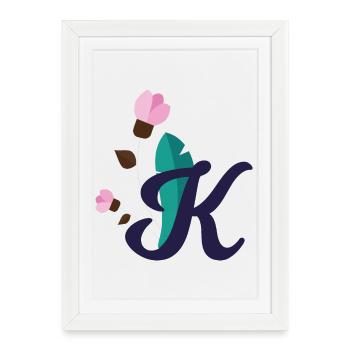 Elégante lettre 'K' avec des fleurs - Affiche encadrée (27 × 37 cm) - blanc - Devant