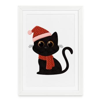 Chat Noël avec chapeau et écharpe - Affiche encadrée (27 × 37 cm) - blanc - Devant