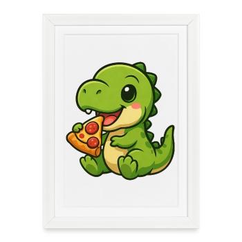 Mignon Dino T-Rex Pizza Pizza Lover Dessin animé - Affiche encadrée (27 × 37 cm) - blanc - Devant