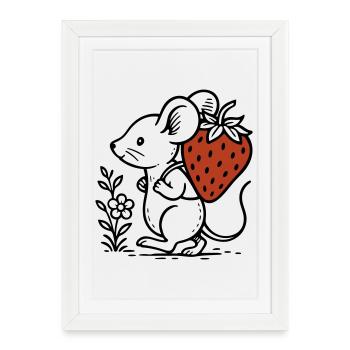 Souris avec fraise - conception de la nature mignonne - Affiche encadrée (27 × 37 cm) - blanc - Devant