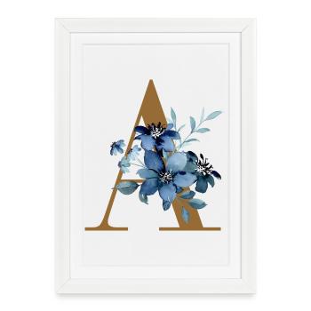 Floral A – Lettre dorée avec des fleurs - Affiche encadrée (27 × 37 cm) - blanc - Devant