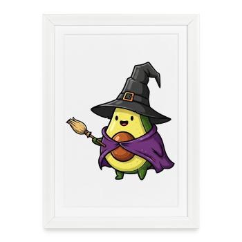 Drôle d’Halloween avocat sorcière balai de sorcière dessin animé - Affiche encadrée (27 × 37 cm) - blanc - Devant