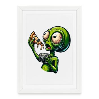 Alien with pizza and camera - Framed poster (27 × 37 cm) - white - Front