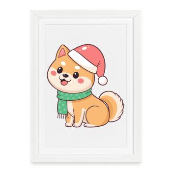 Shiba Noël en bonnet et écharpe - Affiche encadrée (27 × 37 cm) - blanc - Devant