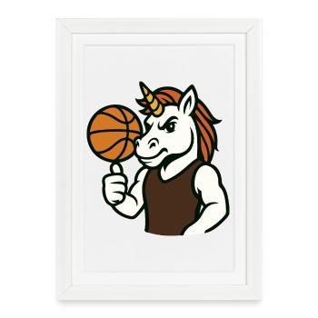 Mascotte de basket-ball licorne avec contrôle de balle - Affiche encadrée (27 × 37 cm) - blanc - Devant