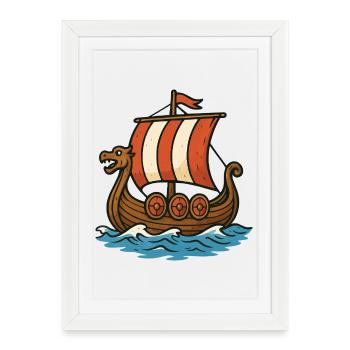 Viking boat with red sail - Framed poster (27 × 37 cm) - white - Front