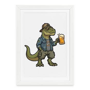 Buveur de bière dino en denim - Affiche encadrée (27 × 37 cm) - blanc - Devant