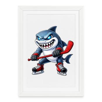 Joueur de hockey sur glace mignon, combattant agressif de dessins animés - Affiche encadrée (27 × 37 cm) - blanc - Devant