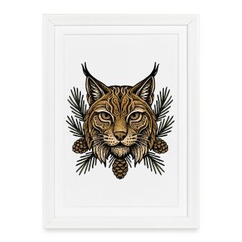 Tête de lynx avec branches de sapin - Affiche encadrée (27 × 37 cm) - blanc - Devant