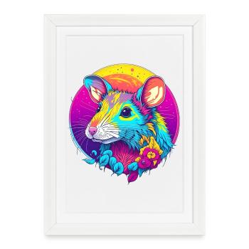Rat néon psychédélique avec des fleurs - Affiche encadrée (27 × 37 cm) - blanc - Devant