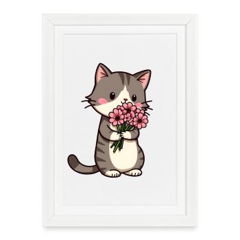 Chat aux fleurs - Affiche encadrée (27 × 37 cm) - blanc - Devant