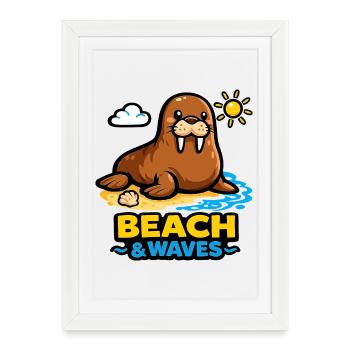 Morse sur la plage : plage et vagues - Affiche encadrée (27 × 37 cm) - blanc - Devant