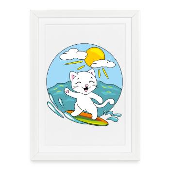 White_surfing_cat - Affiche encadrée (27 × 37 cm) - blanc - Devant