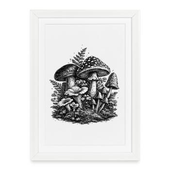 Vintage Forest Mushrooms Linocut - Framed poster (27 × 37 cm) - white - Front