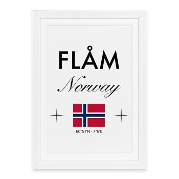 Flåm, Norvège, coordonnées, voyage, souvenir - Affiche encadrée (27 × 37 cm) - blanc - Devant