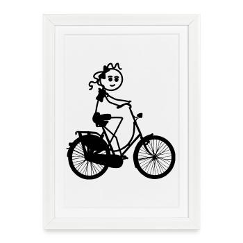 Vélo traditionnel avec figurine de fille en bâton grand-mère - Affiche encadrée (27 × 37 cm) - blanc - Devant