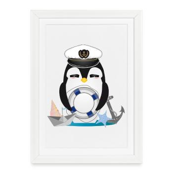 pingouin mignon en tant que capitaine au look marine - Affiche encadrée (27 × 37 cm) - blanc - Devant