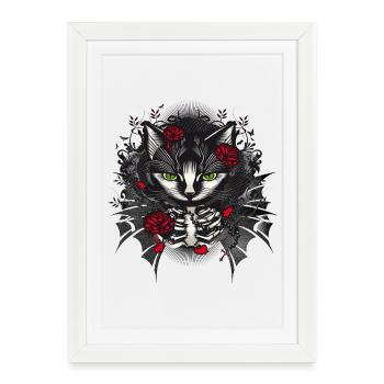 Dark Gothic Cat Portrait with Red Roses - Framed poster (27 × 37 cm) - white - Front