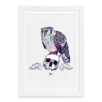 Eurasian Eagle Owl and Skull with Ornaments - Framed poster (27 × 37 cm) - white - Front