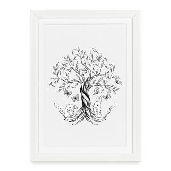 Dessin arbre de vie, lapins, papillons - Affiche encadrée (27 × 37 cm) - blanc - Devant