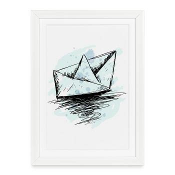 Bateau Origami Teal Splash - Affiche encadrée (27 × 37 cm) - blanc - Devant