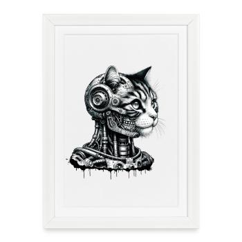 Tête de chat conçue comme un robot au look rétro - Affiche encadrée (27 × 37 cm) - blanc - Devant