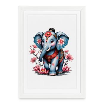 Éléphant majestueux dans le style traditionnel japonais. - Affiche encadrée (27 × 37 cm) - blanc - Devant
