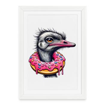 drôle de festin pour les yeux - Oiseau autruche avec beignet - Affiche encadrée (27 × 37 cm) - blanc - Devant