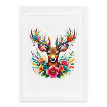 Cerf décoré de fleurs - Affiche encadrée (27 × 37 cm) - blanc - Devant